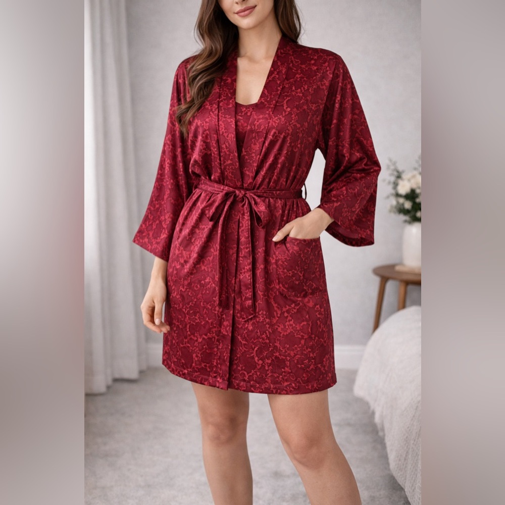 Sophia by Delicates Red Satin Lace Chemise Robe Set XL Lingerie
